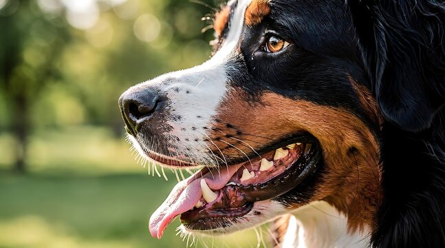 Close up profile portrait of a Bernese Mountain Dog.