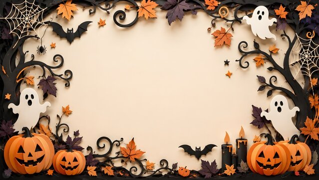 Festive halloween background border featuring cute ghosts carved pumpkins bats and autumn leaves with empty copy space