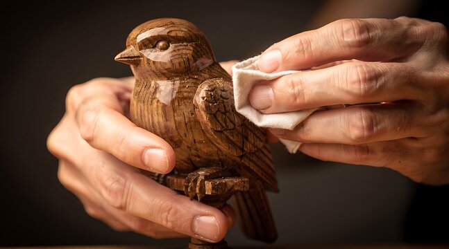 Craftsman carefully polishing a handcrafted wooden bird sculpture.