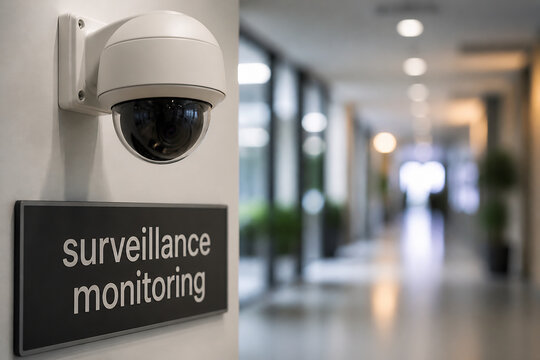 A security camera mounted on a wall in an indoor hallway with a surveillance monitoring sign below it.