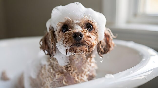 Cute small dog with soap suds on its head taking a bath.