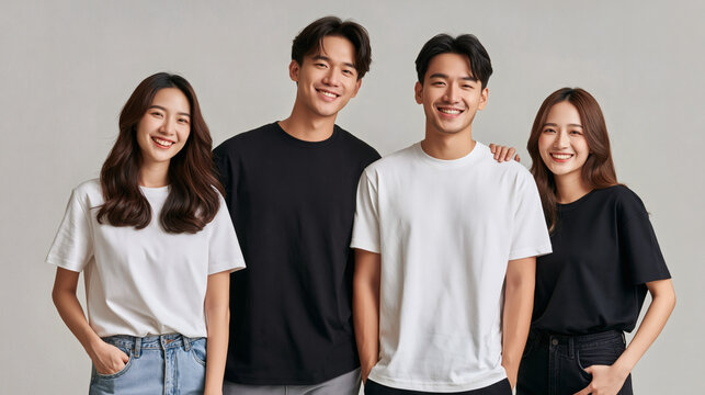 A group of happy young asian people wearing casual t shirts stand together and smile while looking at the camera against a simple light grey studio background