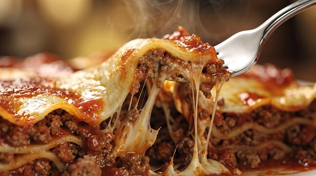 Delicious steaming hot lasagna with melted cheese pull.