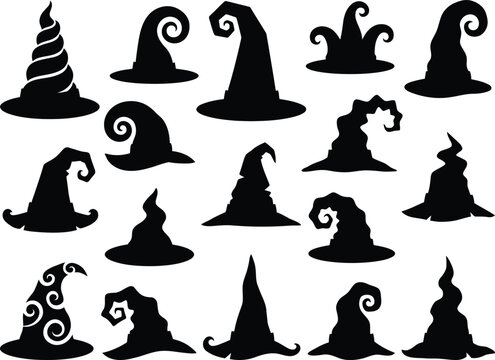Halloween witch hat silhouette collection isolated on white background with cappello