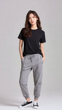 A young woman wearing a black t shirt and grey sweatpants stands in a casual pose against a plain light grey background in a studio setting