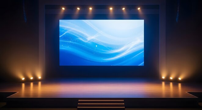 Empty stage with large glowing blue screen and spotlights