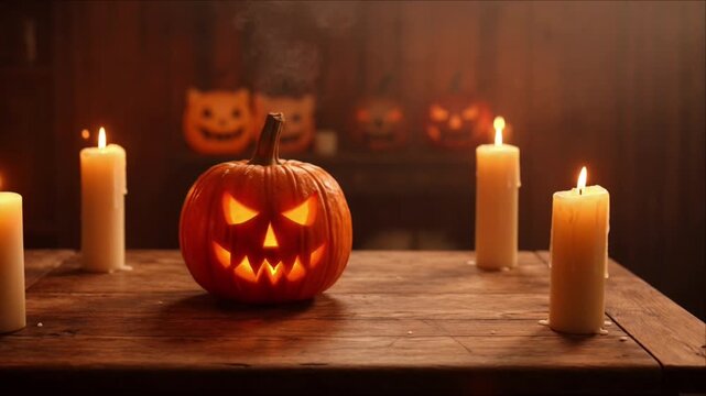 Halloween pumpkin candle glowing on wooden table in cinematic spooky background with smoke swirling around carved jack o lantern creating moody eerie atmosphere in dark room