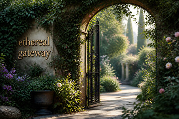 Fototapeta premium An ornate wrought-iron gateway opens into a lush, sunlit garden path.