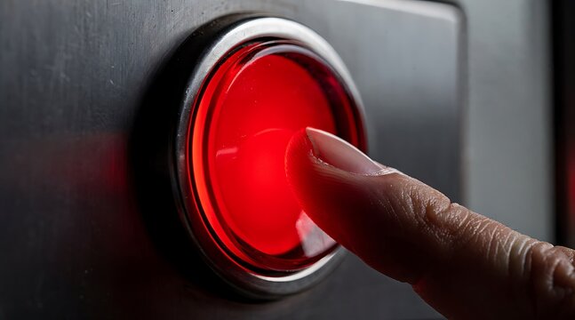 Finger pressing a glowing red emergency stop button on a dark control panel.