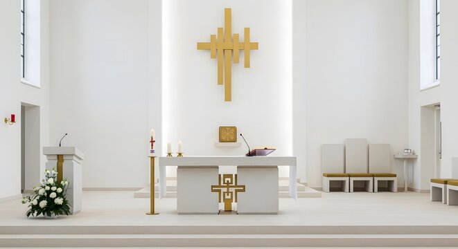 Modern church altar with golden cross in bright sanctuary