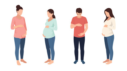 Fototapeta premium Set of pregnant women and man expecting baby, standing and touching their bellies, concept of pregnancy and parenthood.