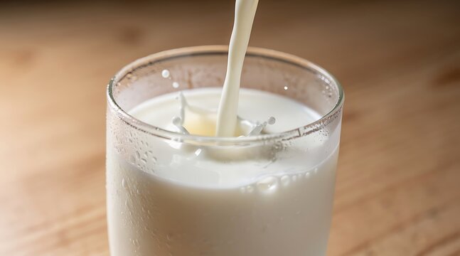 Fresh milk being poured into a clear glass on a wooden table.