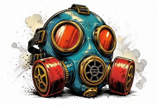 M&aacute;scara antig&aacute;s retro futurista en tonos teal y rojo