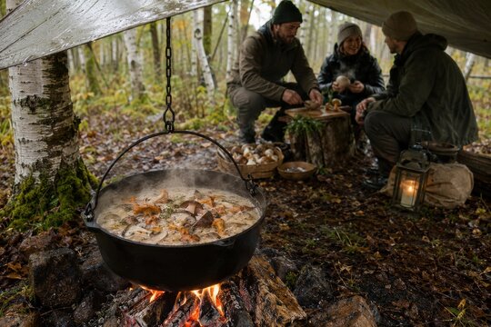 Preparaci&oacute;n de sopa de setas en el bosque durante un d&iacute;a nublado en oto&ntilde;o
