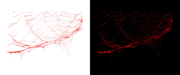 Red spider web texture on black and white backgrounds, spooky cobweb design elements, creepy blood red spiderweb for halloween horror decor © MuftiMoklesur