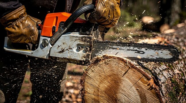 Lumberjack cutting a thick tree log with a professional chainsaw.