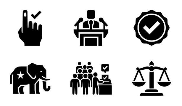 Voting glyph icon set solid black flat election vectors for political news apps and democratic logos