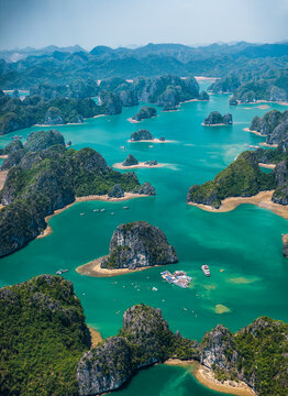 Aerial view of the natural scenery of Ha Long Bay, Vietnam, from a cruise ship.