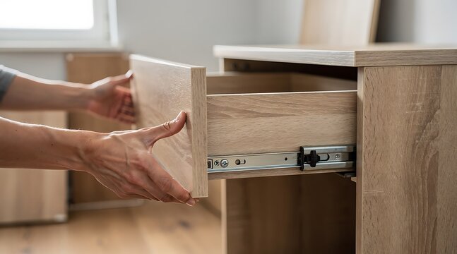 Person assembling a wooden desk drawer at home.