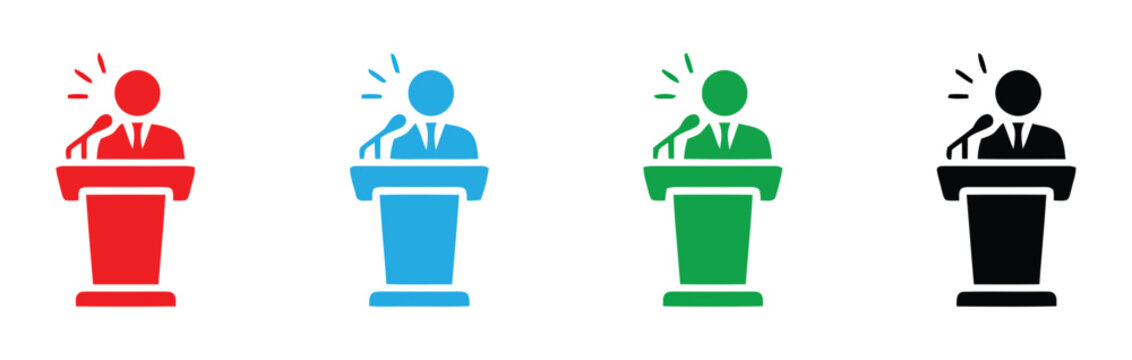 Set of colorful public speaker icons at podiums with microphones for presentations and political speeches microphone presentation politics communication colorful business conference platform