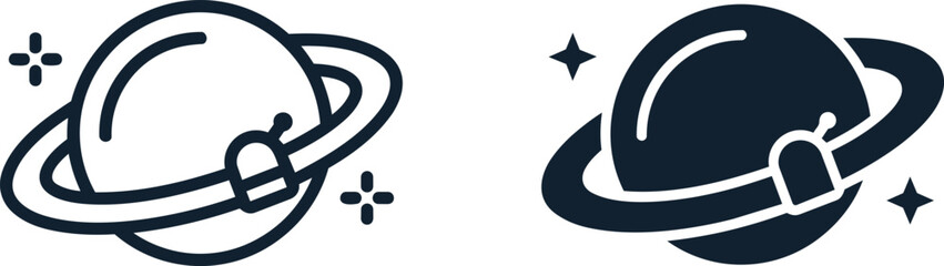 Saturn planet icons with rings. Minimalist space symbols for astronomy and science design. © Ayankutus
