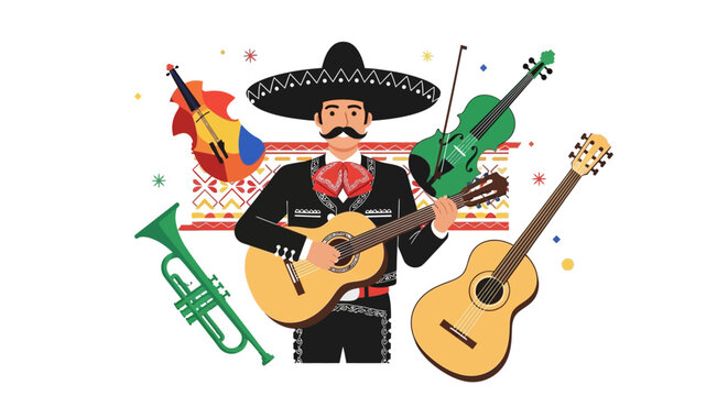Mariachi Musician Playing Guitar with Instruments