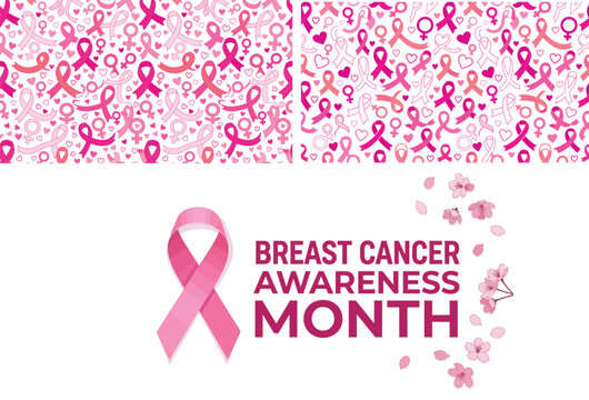 Seamless pattern background and logo design for breast cancer awareness month with pink ribbons and flowers