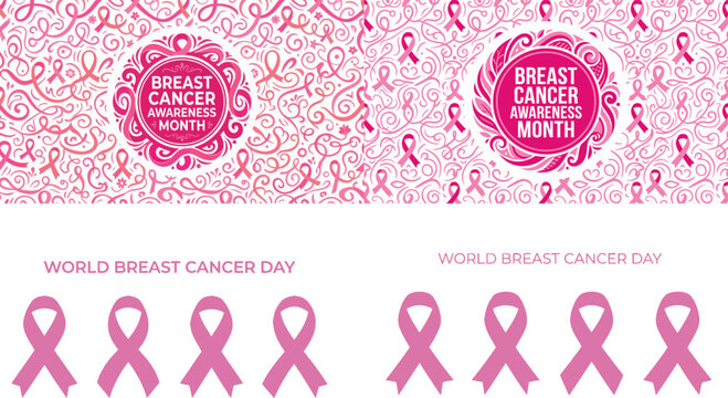 Pink ribbon pattern and circular emblem design for breast cancer awareness month and world breast cancer day events