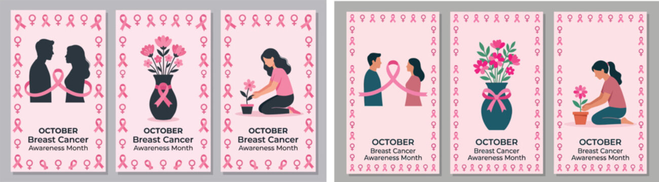 Set of illustrations for breast cancer awareness month featuring pink ribbons and supportive community care themes