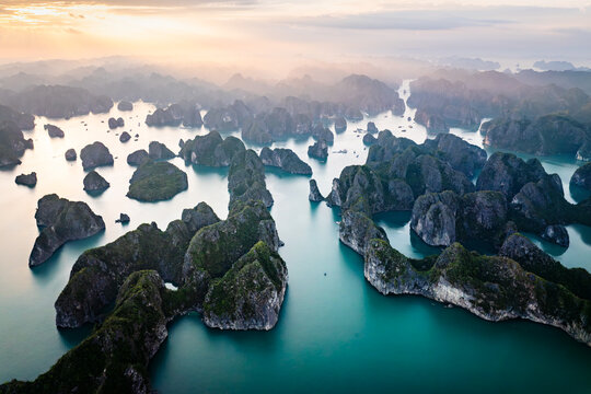 Aerial view of the natural scenery of the karst peaks and forests in Ha Long Bay, Vietnam