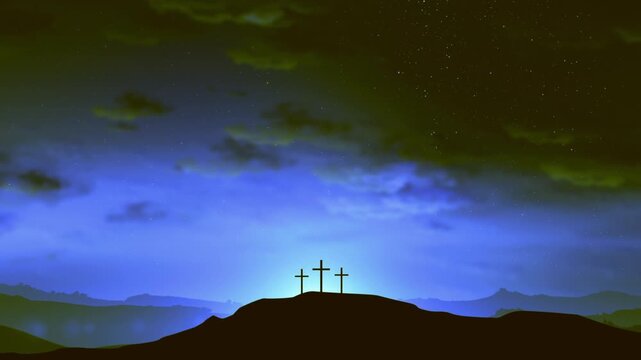 Three crosses standing on a hill at night with celestial stars moving in this animated motion video footage