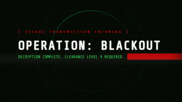 Animated operation codes, glowing text on black background with target coordinates, symbolizing secure transmission and high-stakes mission briefing, seamless loop, 10-second video clip.