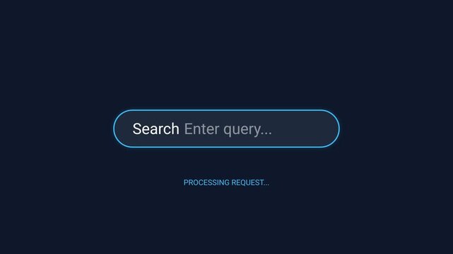 Animated search bar, glowing blue outline, processing request animation, dark background, symbolizing online search and digital inquiry