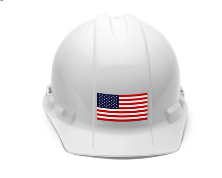 White construction helmet with american flag decal on transparent background hard hat safety head protection workwear industrial site building industry stars stripes patriotic national