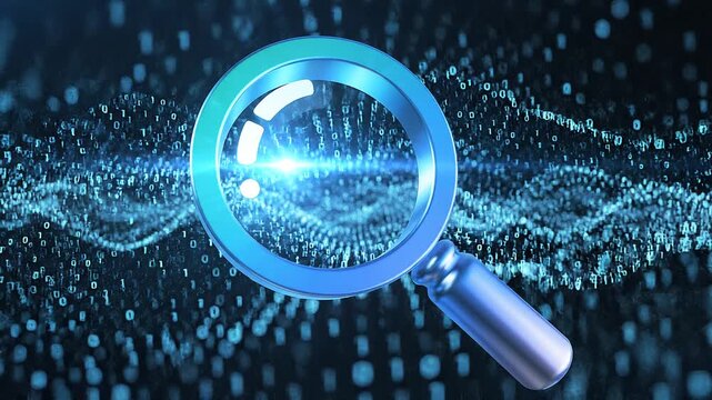 Internet technology search magnifier symbol with waves in digital background. Loop video animation.
