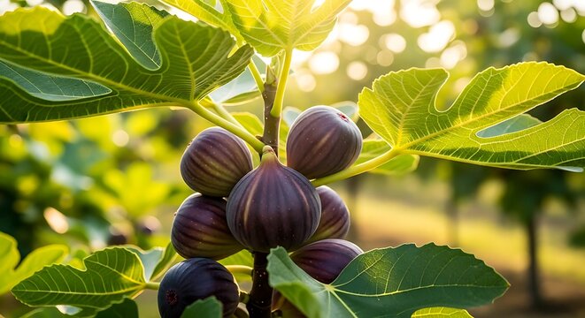 Ripe purple figs hanging from a green leafy branch in warm sunlight fig fruit fig tree