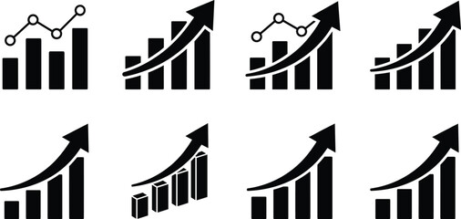 Obraz premium Financial Growth Analytics Bar Chart and Rising Arrow Black Silhouette Vector Icon Set