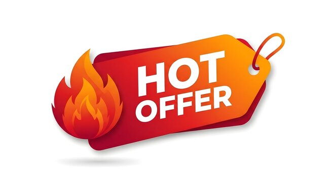 Hot offer label featuring a bright orange flame icon on a dynamic red discount price tag isolated on white background for creative commercial retail marketing and seasonal sales promotions