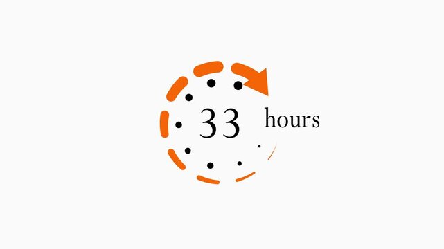 33 hours countdown timer animation, orange circular progress indicator for business deadlines and time management presentations