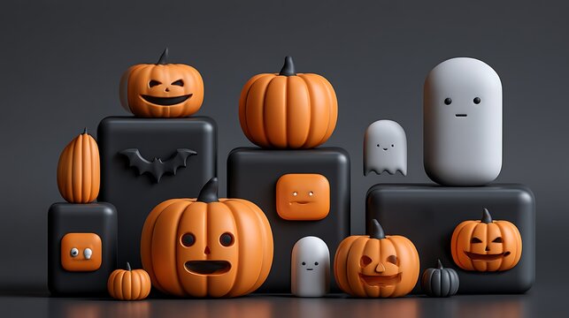 Halloween pumpkins and ghosts on black blocks