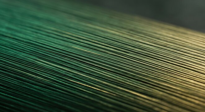 Abstract Macro Background Featuring Parallel Green and Golden Threads Creating a Dynamic Linear Pattern with Soft Focus Depth and Elegant Texture
