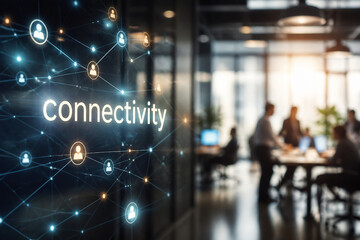 Naklejka premium A digital connectivity graphic overlays a blurred office scene with people working.