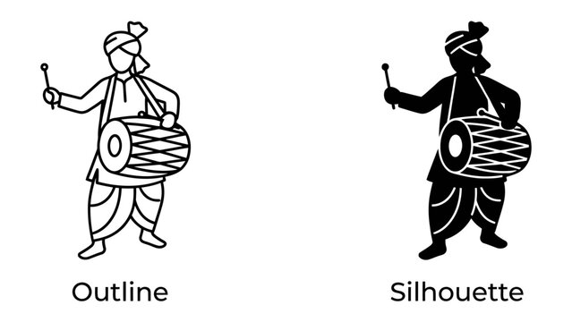 Dhol Player Icon: A stylized illustration of a musician playing the dhol drum, presented in both outline and silhouette versions, perfect for cultural or musical themes.