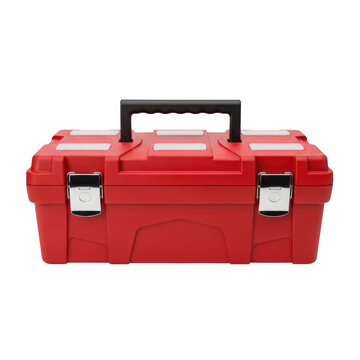 Red hard plastic toolbox with black handles