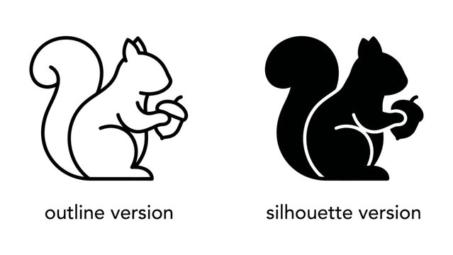 Squirrel Icon Set: A charming outline and silhouette icon of a squirrel holding an acorn, representing simplicity and nature's small wonders.