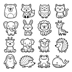 Obraz premium Cute Hand Drawn Animal Doodle Collection Black and White Vector Set