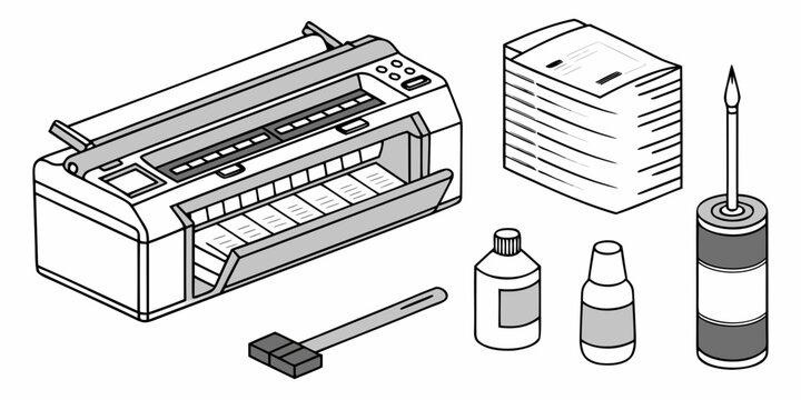 Set of printer maintenance tools including toner cartridges, cleaning brush, and bottles on white background