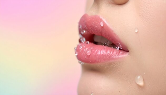 Glistening Lips with Water Droplets Soft Pastel Background