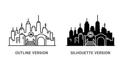 Fototapeta premium Cityscape Outline and Silhouette: A modern city skyline presented in two distinct styles: a clean line art outline and a bold black silhouette, showcasing urban architecture.