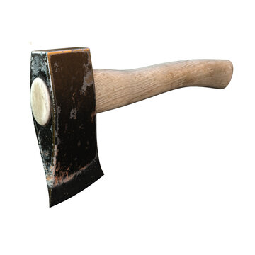 Rusty hatchet with wooden handle on transparent background axe hand splitting felling wood chopper woodcutting tool timber metal steel forged worn aged rusted oxidized